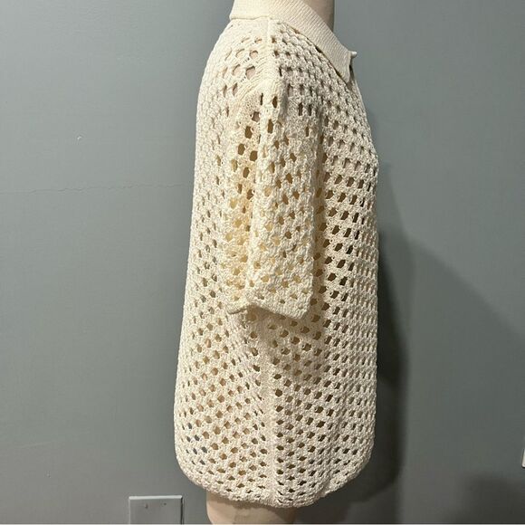 NWT H&M Cream Short Sleeve Hole-knit Top Size Medium - Picture 4 of 7